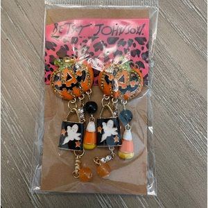 Betsey Johnson Enamel Crystal Halloween Pumpkin Ghost Hanging Earrings Orange